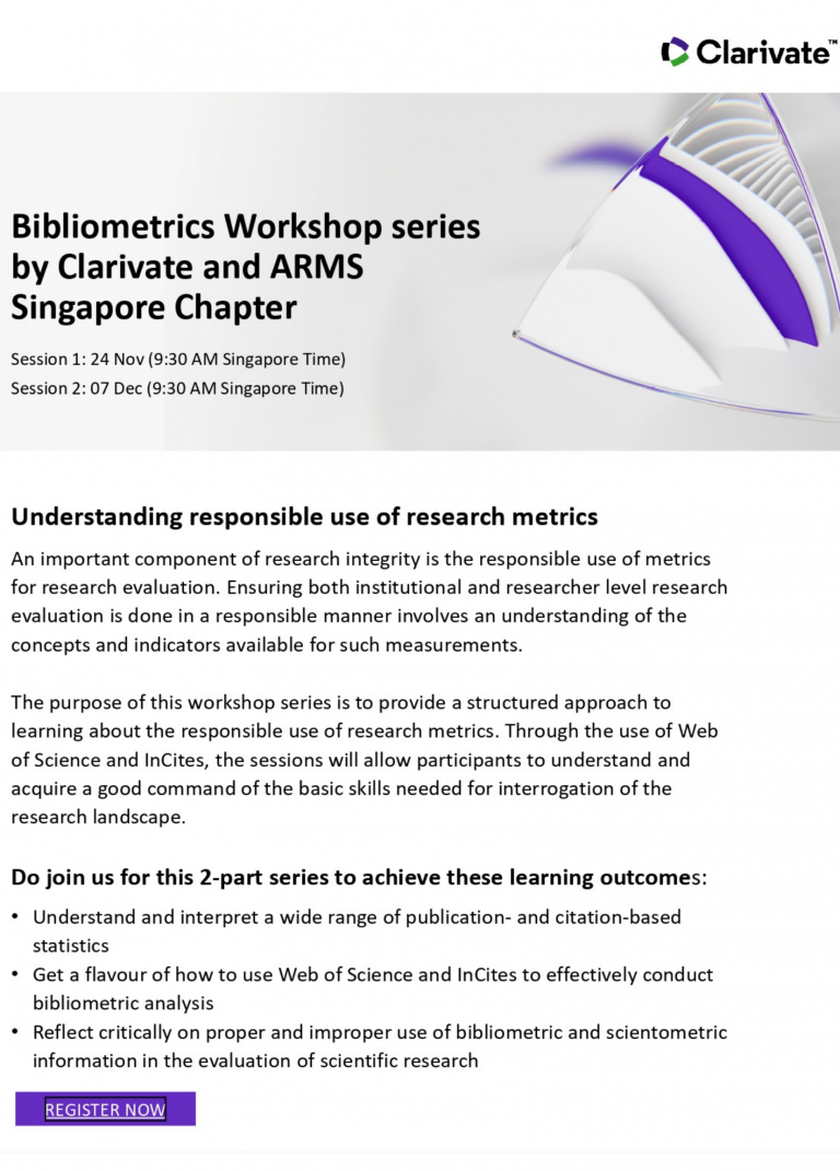 Webinar: Bibliometrics Workshop series by Clarivate and ARMS Singapore Chapter